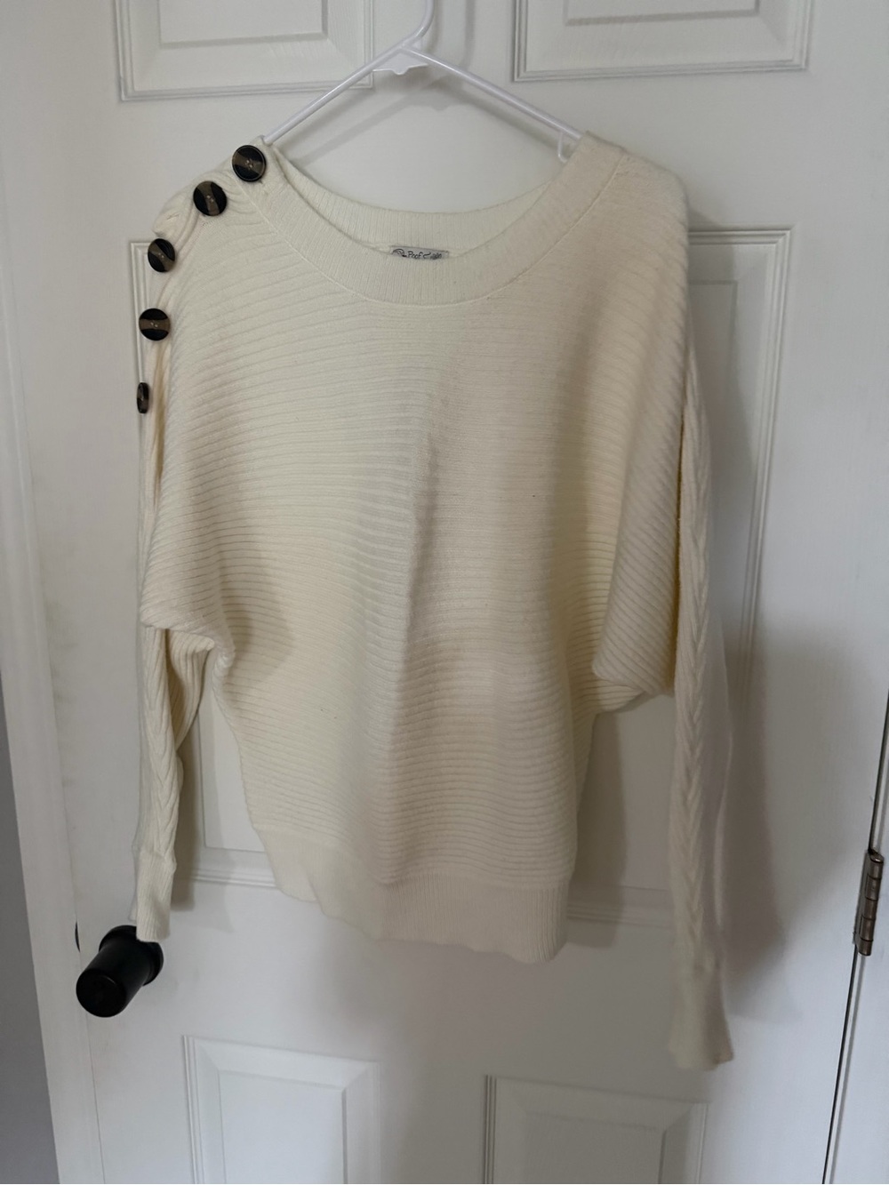 Button-Shoulder Ribbed Crewneck Sweater in Cream